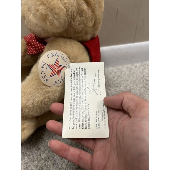 Vintage Vermont Teddy Bear Jointed with Red Vest and Bow 1987 - Picture 7 of 12
